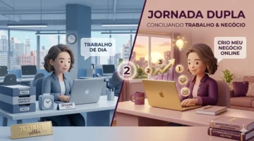 Uma mulher profissional sentada em um café moderno, com um notebook e um planner rosa antigo. Ela parece focada e tranquila. Ao fundo, uma janela mostrando o movimento da cidade, representando a transição entre o mundo corporativo e o digital. Elementos em dourado e berinjela na composição.