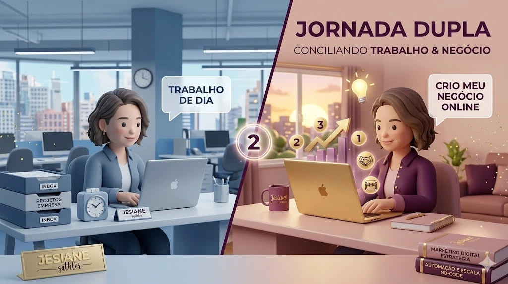 Uma mulher profissional sentada em um café moderno, com um notebook e um planner rosa antigo. Ela parece focada e tranquila. Ao fundo, uma janela mostrando o movimento da cidade, representando a transição entre o mundo corporativo e o digital. Elementos em dourado e berinjela na composição.
