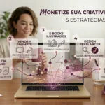 Uma fotografia de alta resolução focada no rosto de uma mulher com uma expressão de concentração e determinação suave, similar à profissional de image_1.png e image_13.png. Ela está em um escritório doméstico elegante e desfocado (bokeh) com tons de berinjela e rosa antigo. Ela olha para um notebook moderno onde a tela está dividida: de um lado, linhas de texto glowing rosa antigo digitadas "SÍNDROME DO IMPOSTOR... EU NÃO SOU CAPAZ" se dissolvem e se transformam, em um efeito mágico, em um painel holográfico dourado flutuante que diz "AUTORIDADE ONLINE... EU POSSO AJUDAR!". A imagem transmite a transição da dúvida para a confiança e profissionalismo.