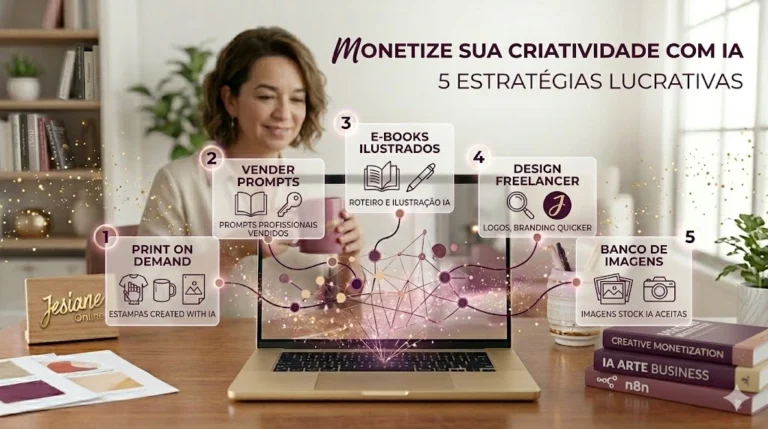 Uma fotografia de alta resolução focada no rosto de uma mulher com uma expressão de concentração e determinação suave, similar à profissional de image_1.png e image_13.png. Ela está em um escritório doméstico elegante e desfocado (bokeh) com tons de berinjela e rosa antigo. Ela olha para um notebook moderno onde a tela está dividida: de um lado, linhas de texto glowing rosa antigo digitadas "SÍNDROME DO IMPOSTOR... EU NÃO SOU CAPAZ" se dissolvem e se transformam, em um efeito mágico, em um painel holográfico dourado flutuante que diz "AUTORIDADE ONLINE... EU POSSO AJUDAR!". A imagem transmite a transição da dúvida para a confiança e profissionalismo.