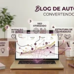 Fotografia de um setup de trabalho minimalista e sofisticado. Um notebook exibe uma estrutura de blog organizada. Ao lado, o planner rosa antigo da Jesiane Online e uma xícara de café. No ar, flutuam ícones dourados de "Autoridade", "Conversão" e "SEO", simbolizando a engenharia por trás do sucesso digital.