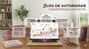 Fotografia de um setup de trabalho minimalista e sofisticado. Um notebook exibe uma estrutura de blog organizada. Ao lado, o planner rosa antigo da Jesiane Online e uma xícara de café. No ar, flutuam ícones dourados de "Autoridade", "Conversão" e "SEO", simbolizando a engenharia por trás do sucesso digital.