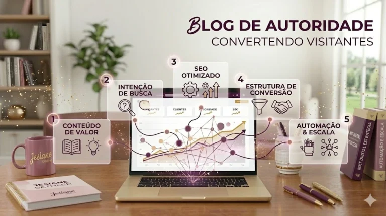 Fotografia de um setup de trabalho minimalista e sofisticado. Um notebook exibe uma estrutura de blog organizada. Ao lado, o planner rosa antigo da Jesiane Online e uma xícara de café. No ar, flutuam ícones dourados de "Autoridade", "Conversão" e "SEO", simbolizando a engenharia por trás do sucesso digital.