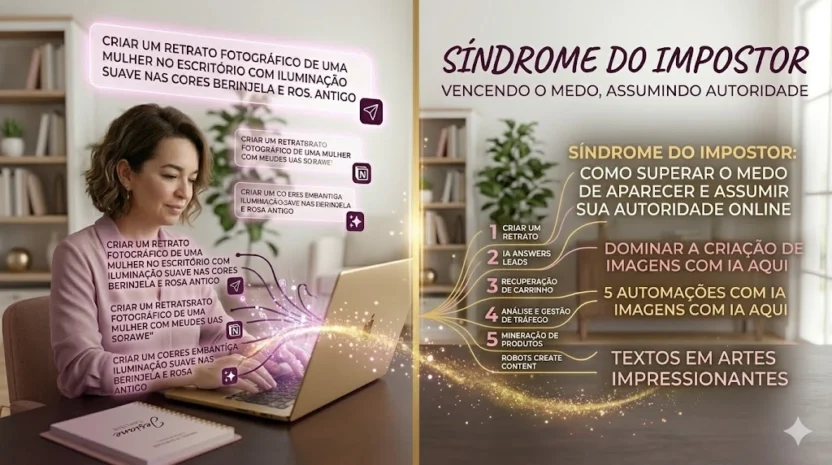 Uma fotografia de alta resolução focada no rosto de uma mulher com uma expressão de concentração e determinação suave, similar à profissional. Ela está em um escritório doméstico elegante e desfocado (bokeh) com tons de berinjela e rosa antigo. Ela olha para um notebook moderno onde a tela está dividida: de um lado, linhas de texto glowing rosa antigo digitadas "SÍNDROME DO IMPOSTOR... EU NÃO SOU CAPAZ" se dissolvem e se transformam, em um efeito mágico, em um painel holográfico dourado flutuante que diz "AUTORIDADE ONLINE... EU POSSO AJUDAR!". A imagem transmite a transição da dúvida para a confiança e profissionalismo.